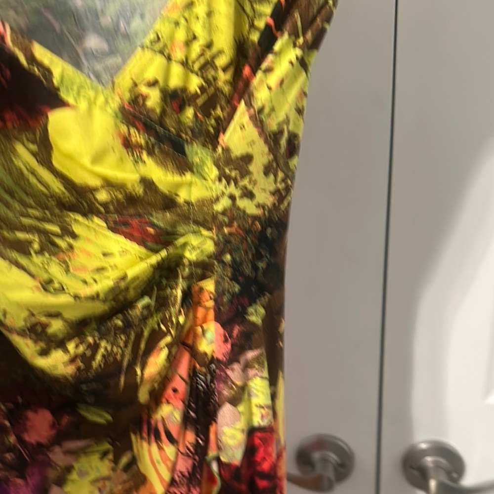 Joseph Ribkoff Multi-color Faux Wrap Midi Dress V-Neck - Picture 4 of 7